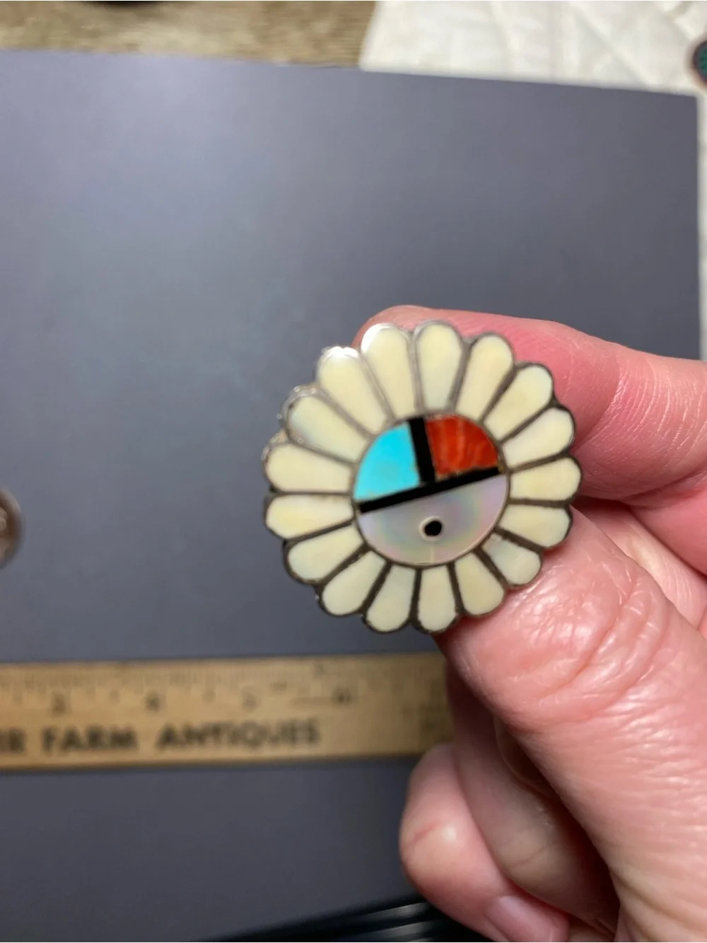 Vintage Zuni sing god inlay ring size 5.25
